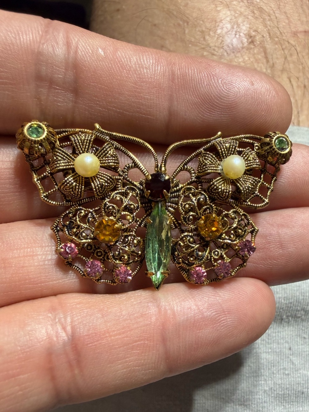 Art Deco Czechoslovakian Gold Plated Filigree Rhinestone Butterfly Pin